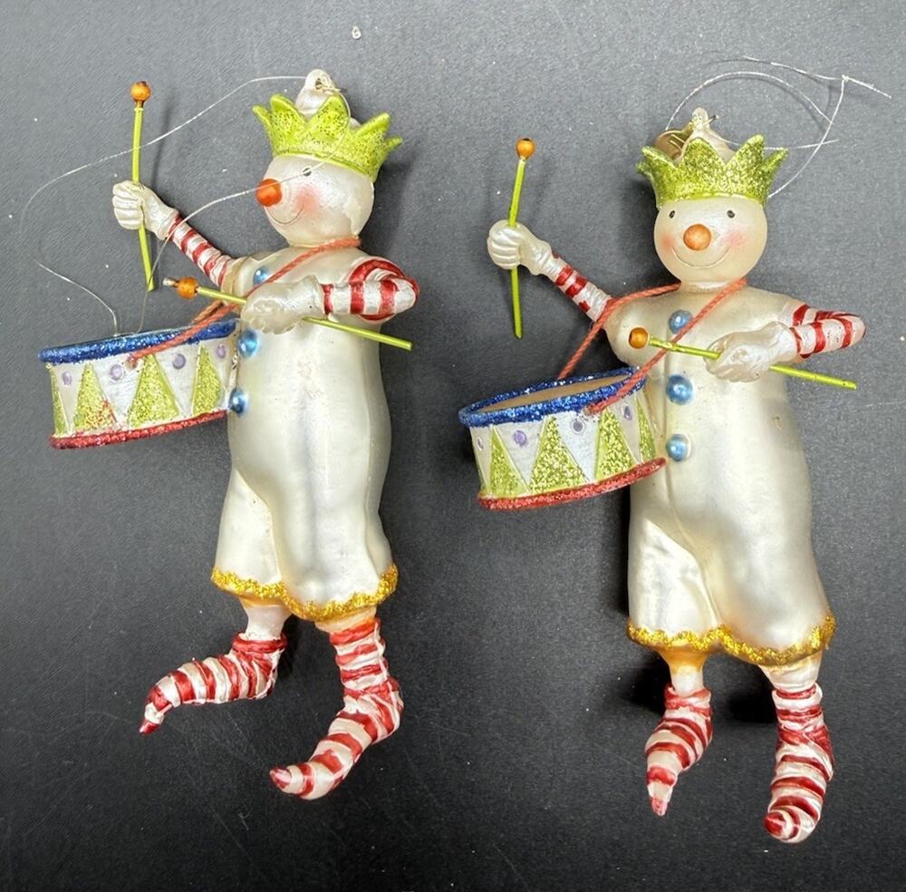 2 Rare Department 56 Snowman Drummer Ornaments Mercury Glass -LO22